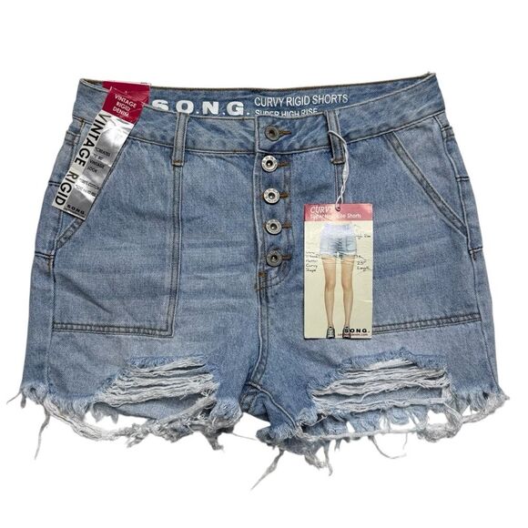 SONG Curvy Rigid Denim Jean Shorts Super High Rise Button Fly Distressed 9 NWT - Picture 1 of 15